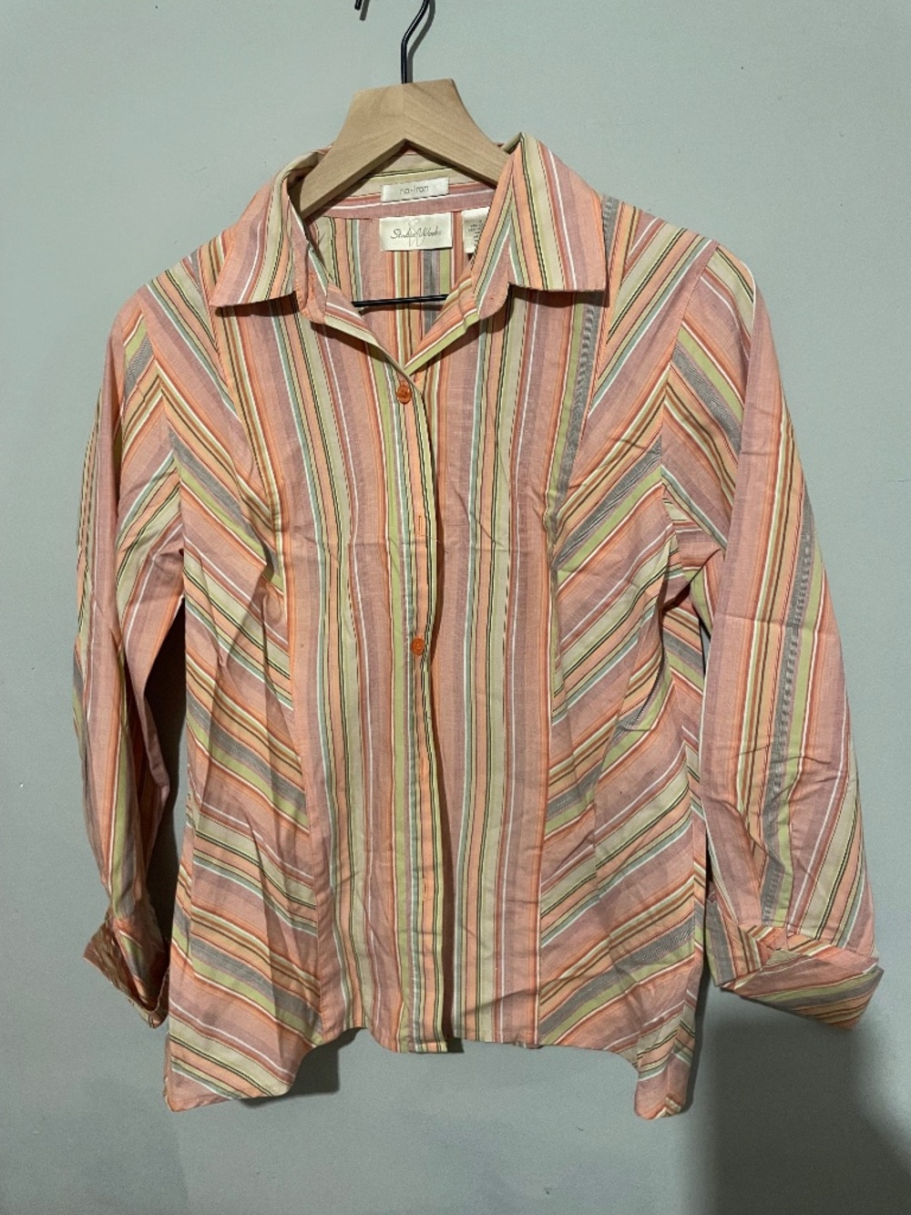 Studio Work women’s size small peach striped button up shirt